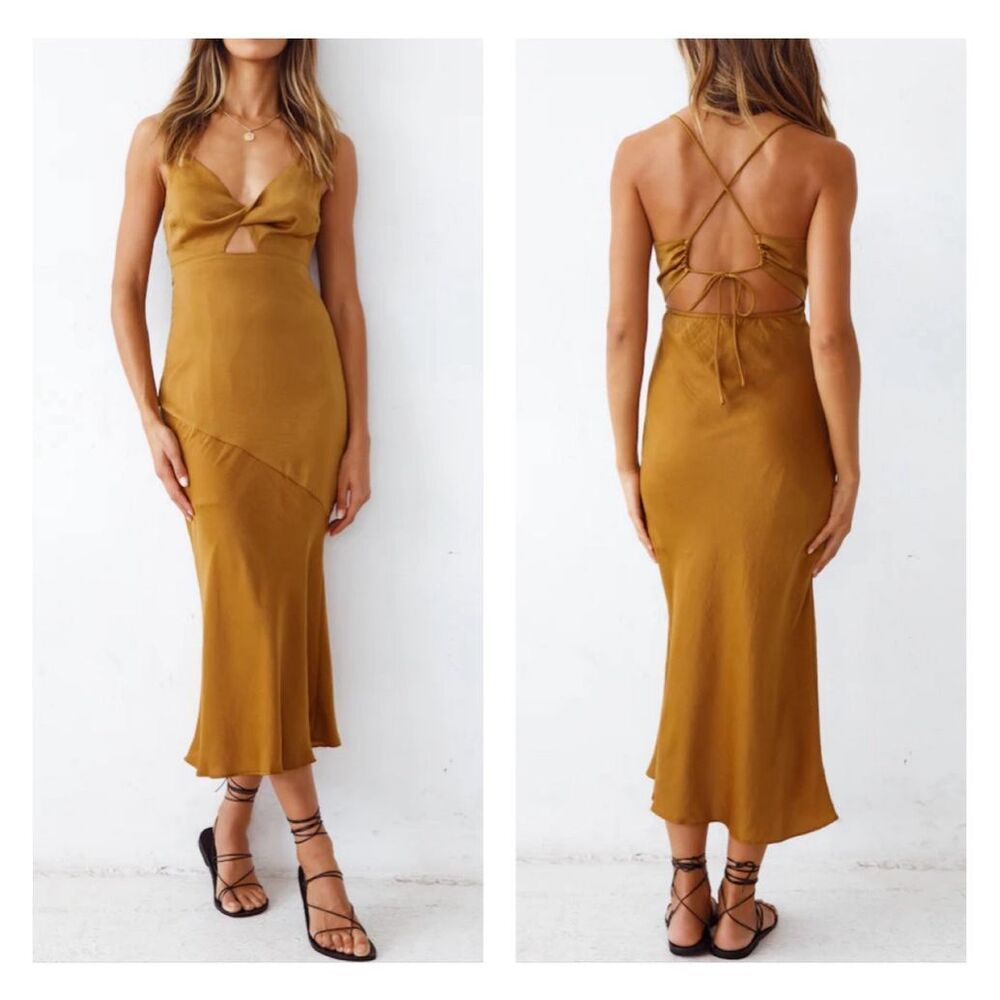 Women's Mustard Midi Slip Dress with Cutout Back